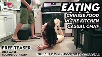 Feasting On Takeout In The Kitchen, Fully Clothed While She Stays Bare And Ready.