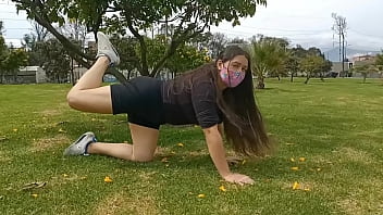 Colombian Hotwife Shows Off Her Bare Pussy Through Ripped Shorts While Working Out